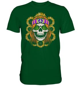 Hippie Totenkopf Sonnenblumen T-Shirt Gärtner Geschenk Garten – Bottle Green / L