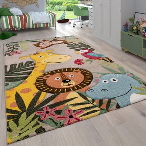 Kinderzimmer Kinderteppich für Jungen mit Tier u. Dschungel Motiven Kurzflor Grösse 160x230 cm