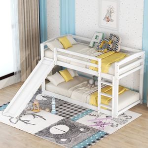 Kinderbett Weiß 90x200cm Etagenbett mit Rutsche, Kiefer Massivholzrahmen (Ohne Matratze)