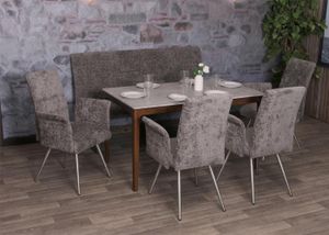 Esszimmer-Set MCW-G55, 4er-Set Stuhl mit Armlehne+Sitzbank 160cm, Edelstahl gebürstet Stoff/Textil Chenille  dunkelgrau