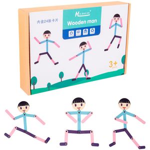 Kleine Holzmännchen Holzpuzzle mit 24 Körperaktionskarten, Montessori Spielzeug, Lernspielzeuge, Matching-Spiel, Holzpuzzles