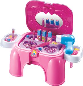 Woody 91609 Kinderhocker mit klappbarem Deckel und Spiel- Kosmetik Utensilien im Stauraum