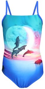 Aquarti Mädchen Badeanzug mit Spaghettiträgern Streifen, Farbe: Delfine Mond Rosa / Blau, Größe: 128