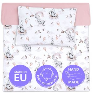 Baby Bettwäsche set 100 x 135 cm - Set Kinderbettwäsche Kissen 40x60 und Bettdecke Elefant mit schmutzigem Rosa