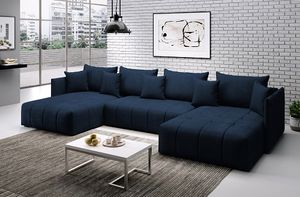 FURMEB24 - ASPEN U Ecksofa 346 x 188 cm, Sofa mit Schlaffunktion und Bettzeugablage, Ecksofa mit Kissen, für Wohnzimme navy blue, Modernes Möbeldesign