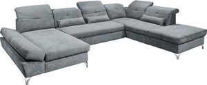 Wohnlandschaft mit verstellbaren Kopfstützen und Schlaffunktion in Mikrovelours anthrazit, U-Form mit Bettkasten rechts, Serie MUCCIA-09