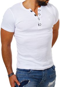 Young & Rich Herren Uni feinripp T-Shirt mit Knopfleiste & tiefem Ausschnitt deep V-Neck einfarbig big buttons große Knöpfe 1872, Grösse:XL, Farbe:Weiß