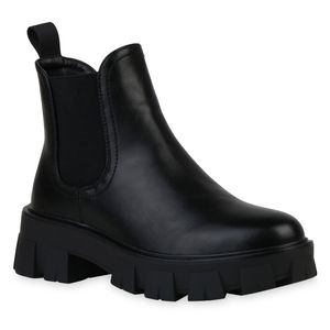 VAN HILL Damen Stiefeletten Plateau Boots Blockabsatz Profil-Sohle Schuhe 836326, Farbe: Schwarz, Größe: 38