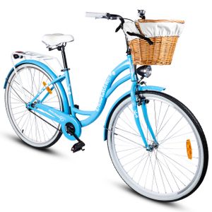 Maltrack mestský bicykel Dreamer s bielym košíkom, 1 rýchlosť, 28 palcov, zadné svetlá, nosič batožiny, zvonček, mestský bicykel dámsky, modrý