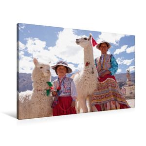 Calvendo  Textil-Leinwand 90 cm x 60 cm quer Frau und Mädchen mit Lama und Alpaka, Kuttig Siegfried; 7397032