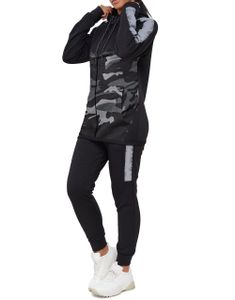 Damen Jogging-ANZUG | mit Bündchen und Tunnelzug | Trainingsanzug zweifarbig | 1053 Schwarz-Camouflage M
