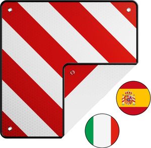 Wiltec 2in1 rot weiße Warntafel Spanien und Italien 50 x 50 cm, Fahrradträger Schild aus Aluminium, Warnschild für Heckträger reflektierend