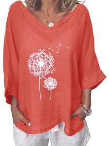 Damen Blusen Baumwolle Leinen Tshirts T-Shirt V Neck Sommer Shirts Lässig Oberteile Orange,Größe XL