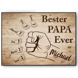 Bester Papa Geschenk personalisiert | Vater Geburtstag Papa Familienbild | Vatertag personalisiertes Geschenk Papa Kinder – DIN A3 + Rahmen schwarz / 6 Namen