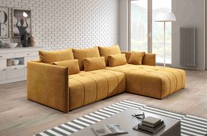 FURNIX YALTA Eckcouch L-Form  Couch Sofa Schlafsofa mit Schlaffunktion Bettkasten und Kissen modern BRAUN  GOLD KR 01