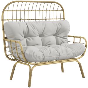 Outsunny Gartensofa 2 Sitzer Rattansofa mit Armlehne, Gepolstertem Kissen, Lounge Sofa in Rattanoptik, bis 240 kg Belastbar, für Garten, Balkon, Hellgrau