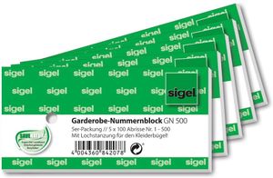 SIGEL GN500 Garderobe-Nummernblock, 5er-Pack, nummeriert 1-500, 2-fbg. sortiert, mit perforiertem Abriss und Lochstanzung für den Kleiderbügel, 105x50 mm, 5 x 100