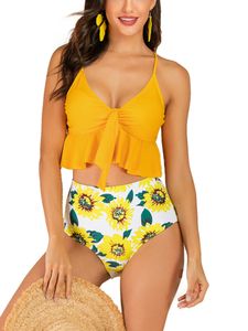 ydance Damen Zweiteilige Badeanzug Push-Up Gepolsterte Bikini Schnür Weste Briefs,Farbe:Sonnenblumen,Größe:XXL