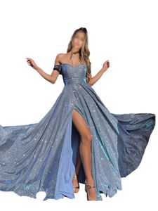 Damen Abendkleider V-Neck Maxi Kleider Pailletten Ballkleid Elegant Hochzeit Partykleid Blau,Größe L
