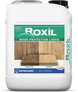 Roxil Holzschutzflüssigkeit 5 L - Holzimprägnierung Wetterfest - hilft gegen Verformen - Farblos für Zäune, Terrassendielen, Schuppen, 10 Jahre Schutz
