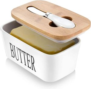 Butterdose mit Holzdeckel Butterdosen Porzellan mit Messer Keramik Butterdose für 250g Butter--Double-Layer-Silikon-Dichtung Butterdose mit Deckel, Weiß, 16.3cm, 10cm, 6.8cm, Keramik + Holz