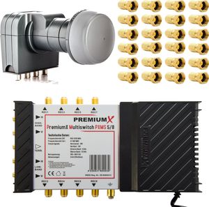 PremiumX PXMS Multischalter 5/8 Multiswitch Netzteil mit Fuba Quattro LNB und 24x F-Stecker für 8 Teilnehmer fähig 4K 8K