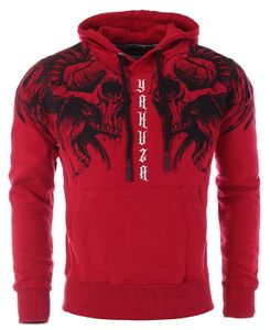 Yakuza Herren Sweatshirt Sweater Pullover mit Kapuze Totenkopf Print HOB 16003 Sick Skull Hoodie , Grösse:S, Farbe:Rot