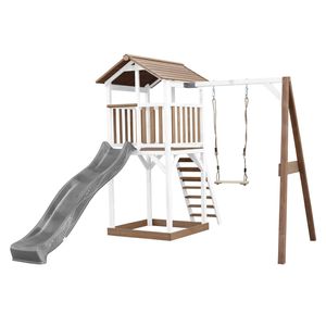 AXI Beach Tower Spielturm aus Holz in Braun & Weiß | Spielhaus für Kinder mit grauer Rutsche, Schaukel und Sandkasten | Stelzenhaus für den Garten