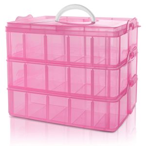 BELLE VOUS 3-stöckige Aufbewahrungsbox Plastik Stapelbar Pink - Sortierkasten bis 30 Verstellbare Fächer zur Aufbewahrung von Nähzubehör, Bügelperlen, Schmuck, Kleinteile, Bastelkiste, Spielzeug