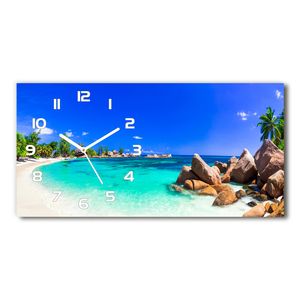 Wanduhr aus Glas – 60x30 cm - Glasbild - Glasuhr - Gehärtetes Glas - weisse-zeiger - Seychellen-Strand
