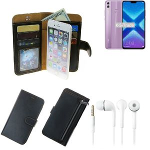 TOP SET Portemonnaie Schutz Hülle kompatibel mit Huawei Honor 8X  schwarz aus Kunstleder + Kopfhörer Walletcase Smartphone Tasche vollwertige
