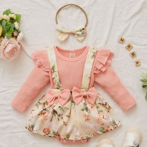 Babykleider,Bedrucktes zweiteiliges Kleid mit Fliegenärmel für Mädchen, rosa, 80cm