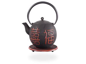 Gusseisen Teekanne Kimiko 800ml mit Sieb und Untersetzer, schwarz/rot