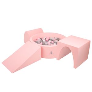 KiddyMoon spielplatz aus schaumstoff mit rund bällebad (200 bälle) ballgruben für babys spielbad hindernisläufen, hergestellt in der eu, pink:perle/grau/transparent/puderrosa