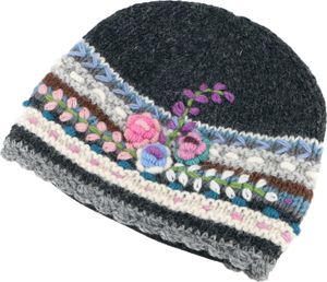 Farbenfrohe Wollmütze mit Aufwendiger Blumenstickerei, Wintermütze - Anthrazit, Uni, Schwarz, Wolle, Mützen