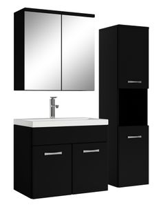 Badezimmer Badmöbel Set Montreal mit Spiegelschrank 60cm Waschbecken Mat Schwarz - Unterschrank Hochschrank Waschtisch Möbel