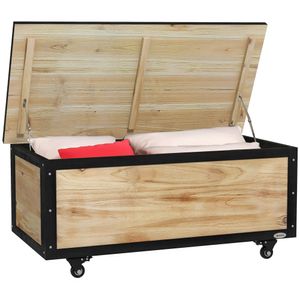 Outsunny Gartenbox Holz Auflagenbox 121L Aufbewahrungsbox mit Rollen, Wetterbeständige Aufbewahrungskiste für Balkon, Terrasse, Natur