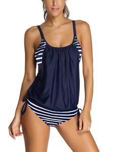 ydance Frauen Sportliche Badebekleidung Badeanzug Zweiteiliger Beachwear,Farbe:Dunkelblauer Streifen,Größe:XL