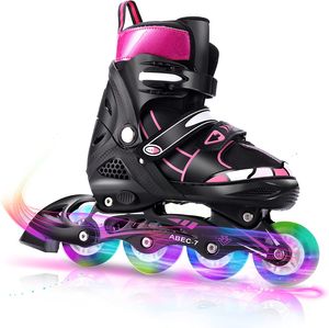 Hikole Verstellbare Inline Skates mit LED Rädern, ABEC 7-Kugellagern für Kinder, Jungen, Mädchen, Anfänger, Größe 37-39, schwarz rosa