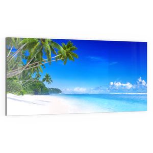 DEQORI Glasbild Echtglas 100x50 cm 'Palmen am Sandstrand' Wandbild Bild modern Deko