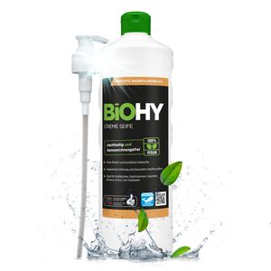 BiOHY Creme Seife (1l Flasche) + Pumpspender | Hautschonende, rückfettende und geruchsneutrale Handseife | Ohne Parfüm und Farbstoffe