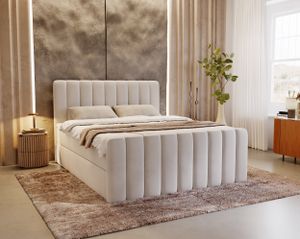 MYSEN Boxspringbett 160x200 Magic Plus mit Bettkästen mit Matratze (14 cm) mit Topper (4 cm) Komplett-Set Polsterbett Bonell H3 Beige