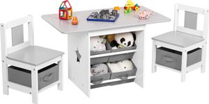 Yorbay Kindertisch mit 2 Stühle, Kindertisch mit Stauraum , 3tlg Kindersitzgruppe, Sitzgruppe für Kinder, Maltisch für Kinderzimmer, Grau +Weiß