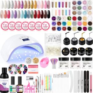 COSCELIA 30 Fareben UV Farbgel und 3 Farben Acryl Nagel pulver Set mit 48 Farben Nail Decoration Powder Glitter 15ml UV Gel mit 80W UV+LED Nagellampe und Top&Base Coat Nageldesign Starterset