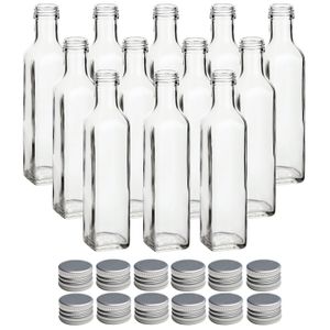 gouveo 12er Set Glasflasche 250 ml Maraska mit Schraubverschluss silberfarben - Leere Flasche 0,25 l zum Befüllen - Glasflasche für Likör, Essig, Öl