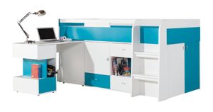 Funktionsbett / Kinderbett / Hochbett mit Bettkasten und Schreibtisch "Geel" 21, Weiß / Türkis - Liegefläche: 90 x 200 (B x L)