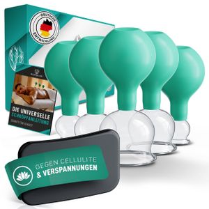 KURGLAS Schröpfgläser aus Echtglas [5 Stück] - Medizinische mit Saugball & Faszienschaber - Schröpfen mit starker Saugleistung - mit e-Book