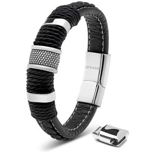 SERASAR | Premium Echtlederarmband für Männer [Ring] mit Geschenkschachtel und Edelstahl Verschluss | Farbe: Silber | Länge: 23cm