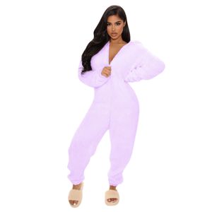 ASKSA Damen Jumpsuit Furry Reißverschluss Einteiler Overall mit Kapuze Flauschig Warme Nachtwäsche Kostüme, Violett, M