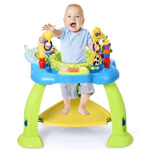 2 in 1 Spieltisch und Trampolin Baby, Aktivitätshüpfer mit Lichter, Melodien, E-Piano und Spielzeug, Spieltrampolin mit 360°Drehbarem Sitz, Spielzentrum für Baby 6-36 Monate (Blau)
